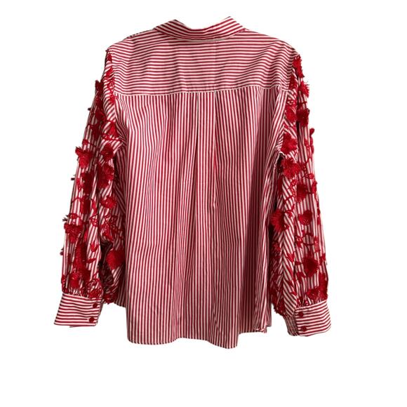 Chicos Embroidered Poplin Striped Red White Button Up Shirt Top Plus 3X - Picture 6 of 9